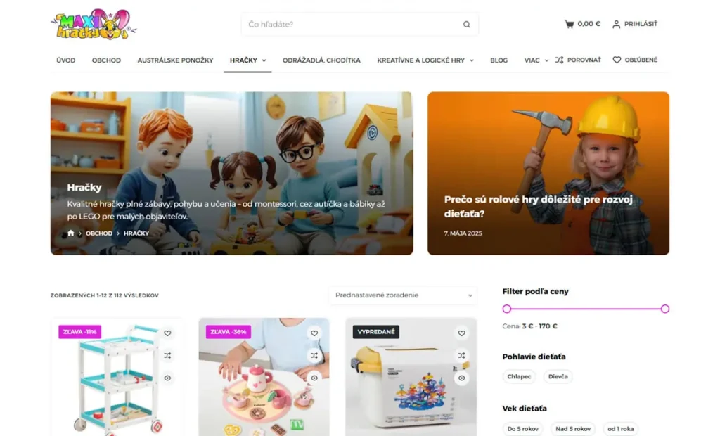Web stránka pre kreatívny e-shop s hračkami pre deti MAXI-HRAXCKY.SK