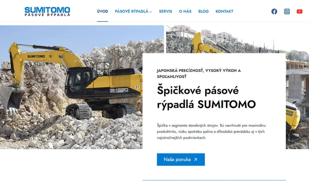 Moderný prezentačný web pre Hydrex Bratislava – pásové rýpadlá SUMITOMO
